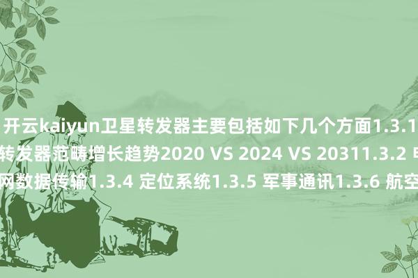开云kaiyun卫星转发器主要包括如下几个方面1.3.1 民众不同应用卫星转发器范畴增长趋势2020 VS 2024 VS 20311.3.2 电视播送1.3.3 互联网数据传输1.3.4 定位系统1.3.5 军事通讯1.3.6 航空航天1.3.7 其他1.4 行业发展近况分析1.4.1 卫星转发器行业发展总体大约1.4.2 卫星转发器行业发展主要特质1.4.3 卫星转发器行业发展影响要素1.4.